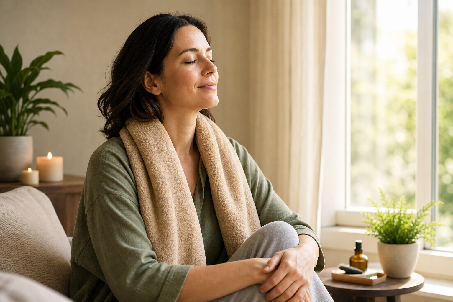 Calming video thumbnail of a woman with a warm towel on her neck while seated by a window