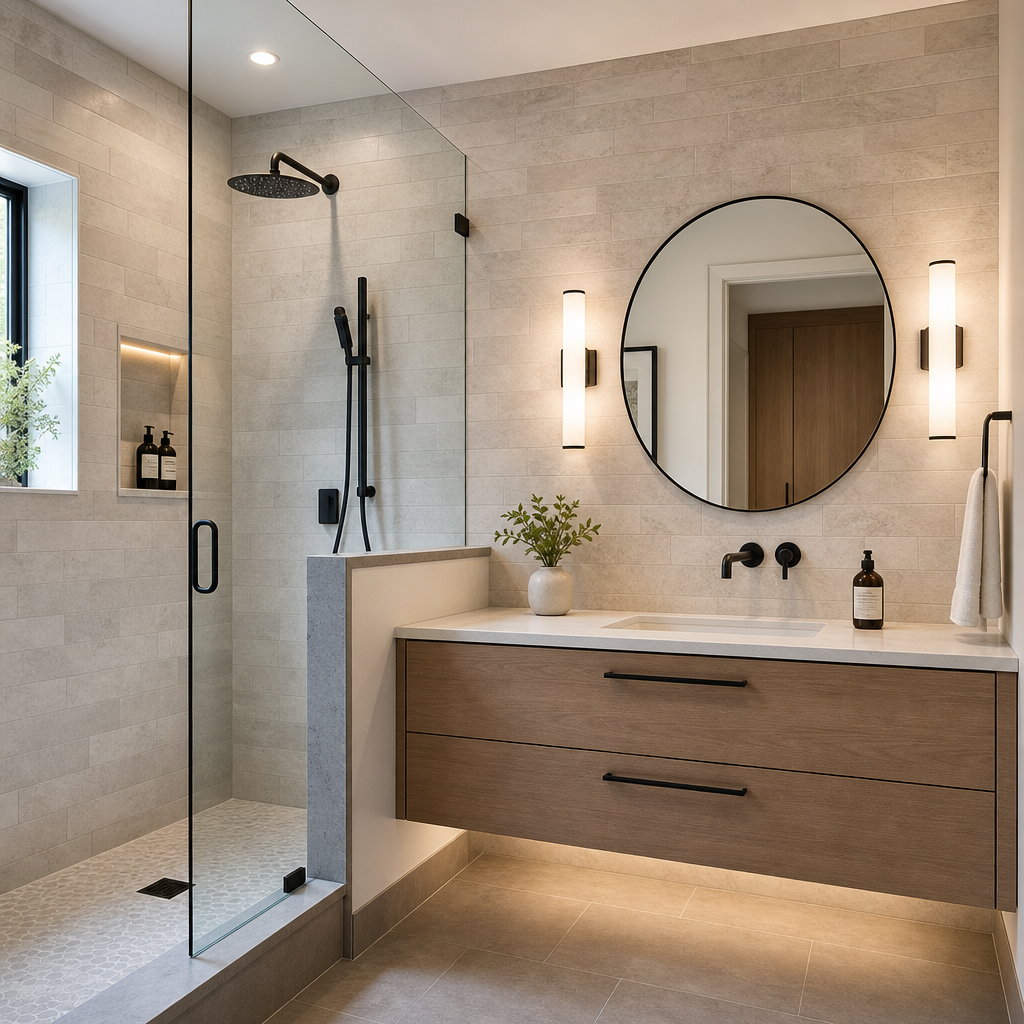 Modern bathroom remodel with light stone wall tile, floating vanity, and clean matte hardware