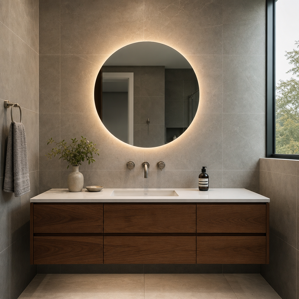 Modern bathroom vanity wall with matte gray large-format tile, floating wood vanity, and soft ambient lighting