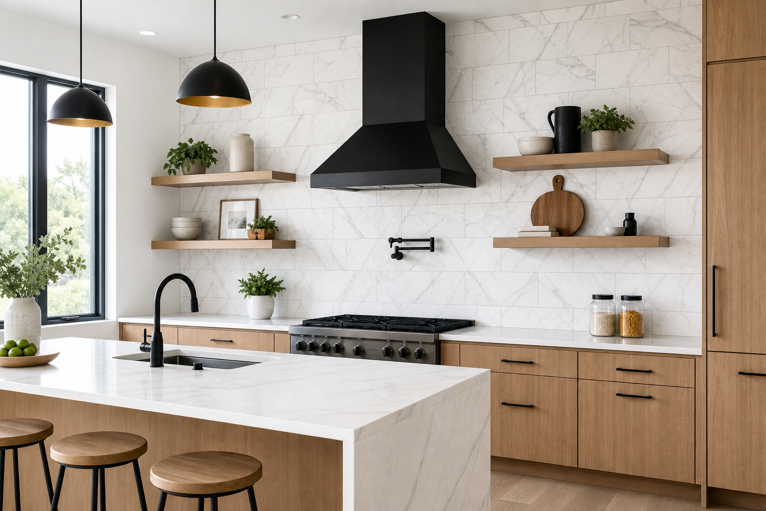 Bright modern kitchen with a full-height marble tile backsplash, warm wood cabinetry, and clean grout lines under natural light