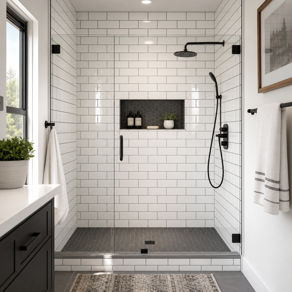 Elegant walk-in shower with glossy white subway tiles, dark grout, and a recessed niche in a contemporary bathroom