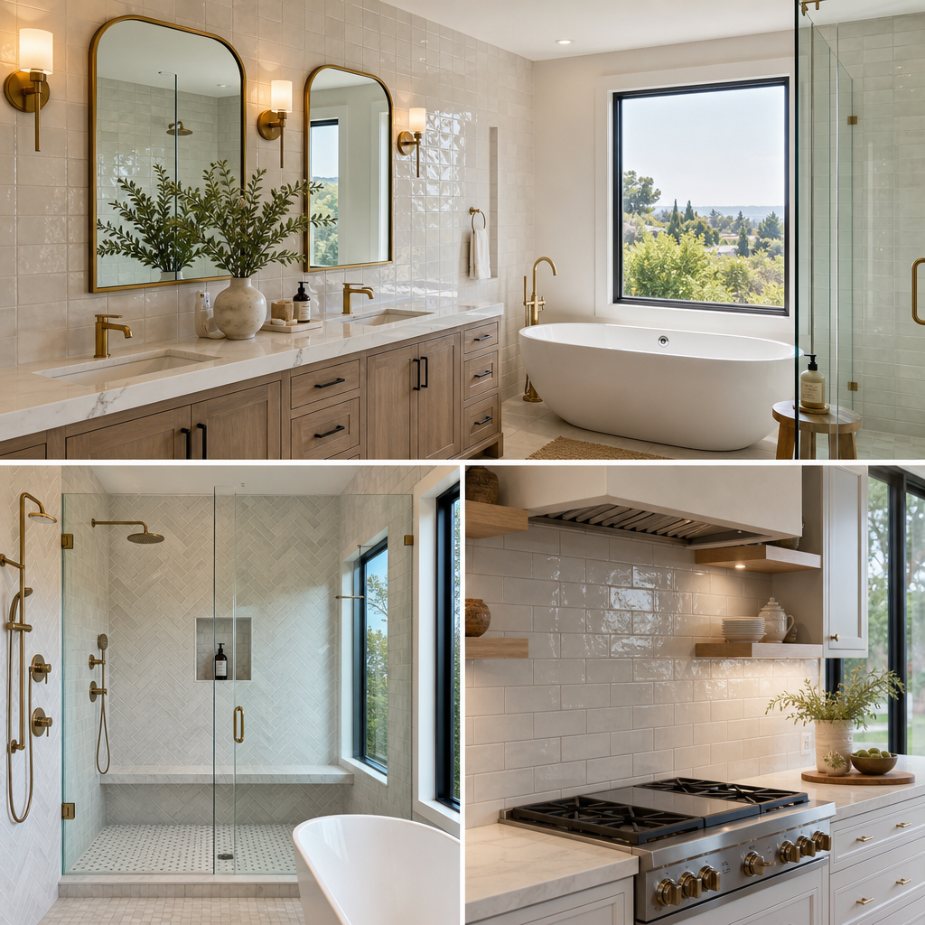 Professional tile installer laying large-format gray porcelain tiles in a modern bathroom with clean grout lines and bright natural light