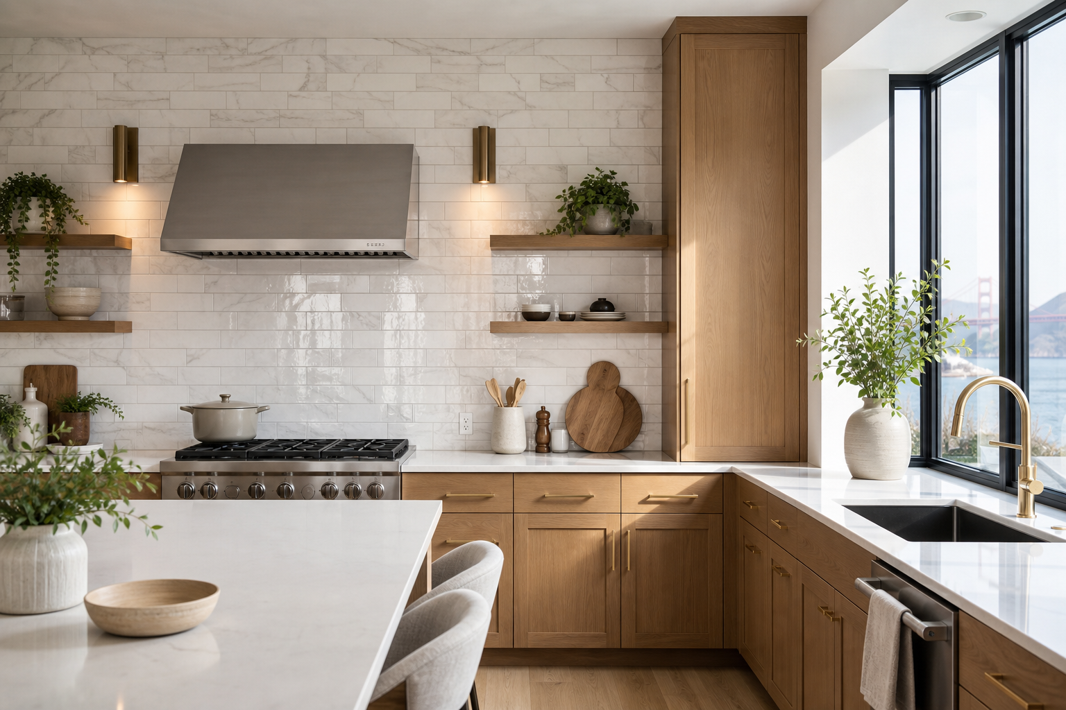 Bright Bay Area kitchen with a full-height marble-look subway tile backsplash, warm wood cabinets, and polished finishes