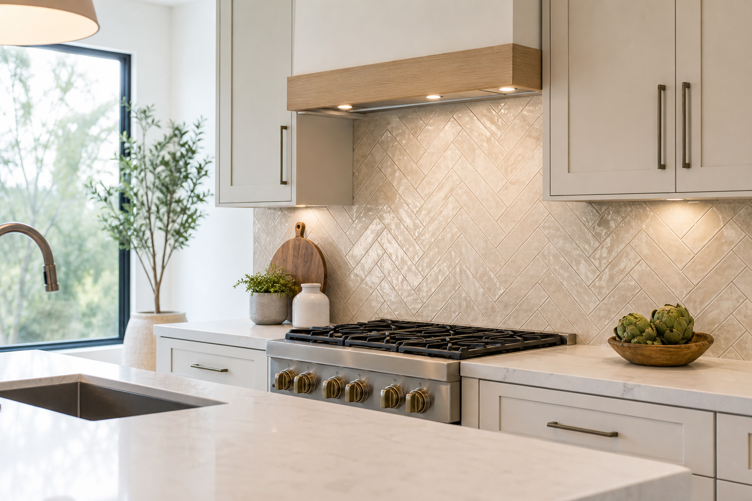 Bright kitchen with a warm white quartz countertop and a handcrafted herringbone backsplash tile pattern in soft beige tones