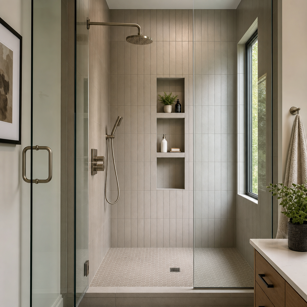 Walk-in shower with vertical stacked porcelain tiles, niche shelving, and brushed metal fixtures