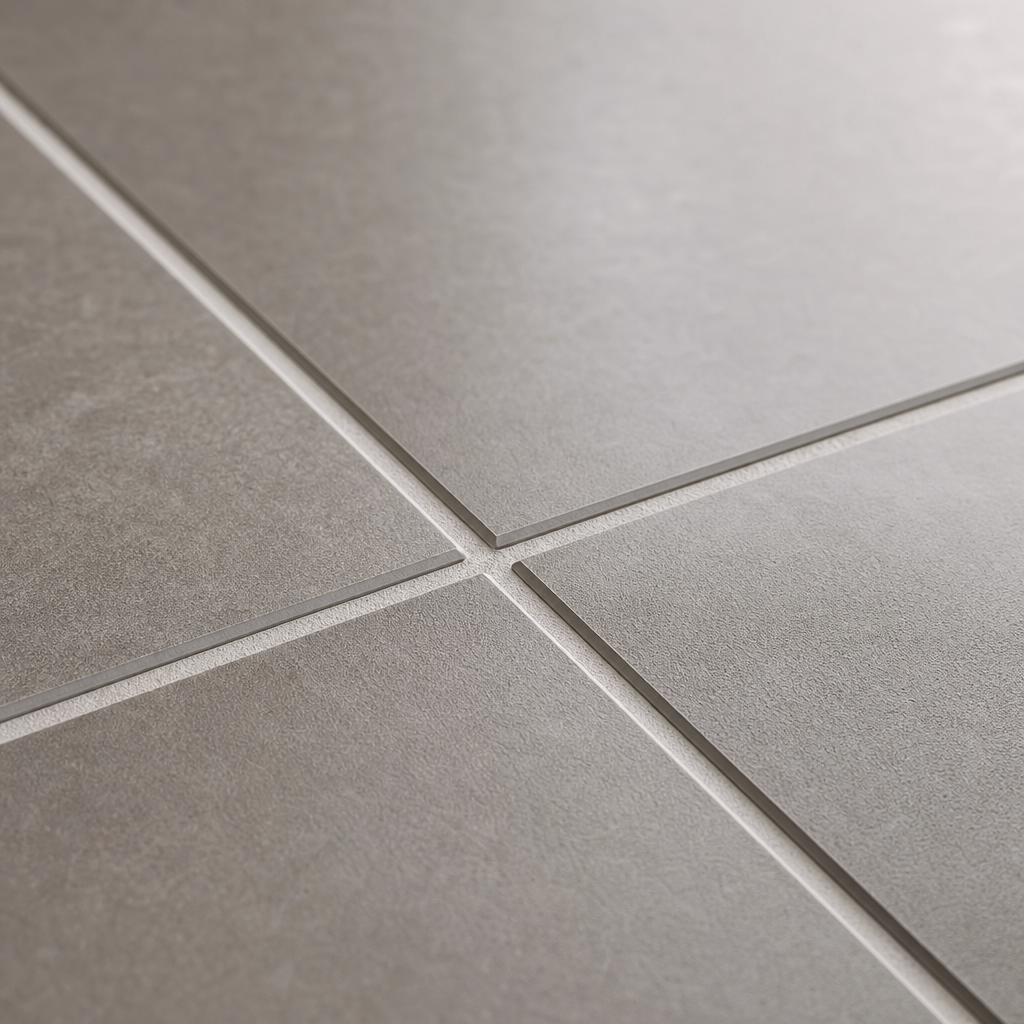 Close-up of premium rectified tile edges with even grout lines and a soft satin finish