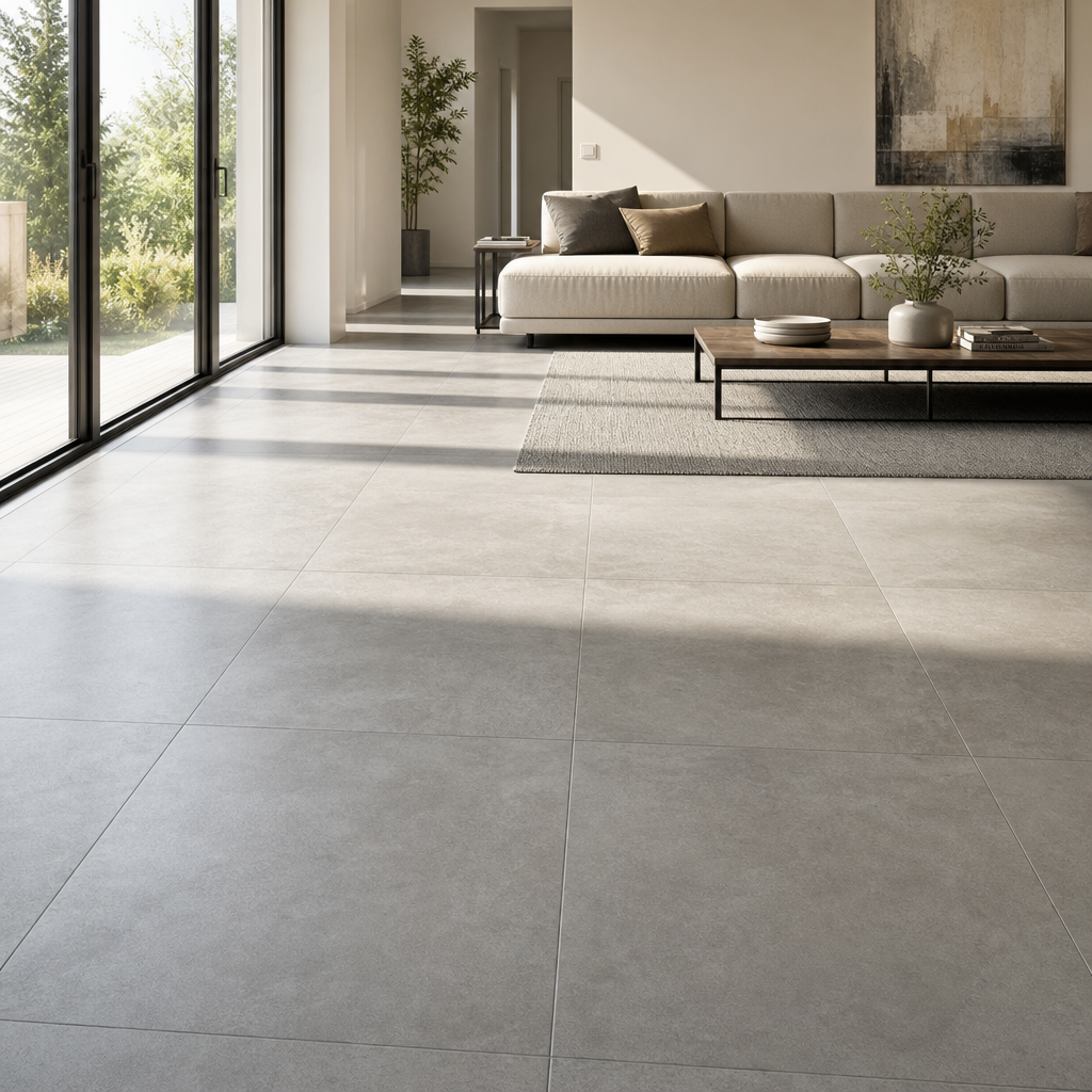 Sunlit living room with large-format gray porcelain floor tile installed in a clean, straight layout with minimal grout lines