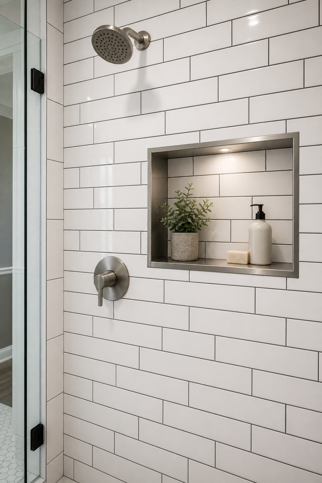 Modern shower wall with glossy white subway tile, dark grout accents, and a brushed metal niche shelf