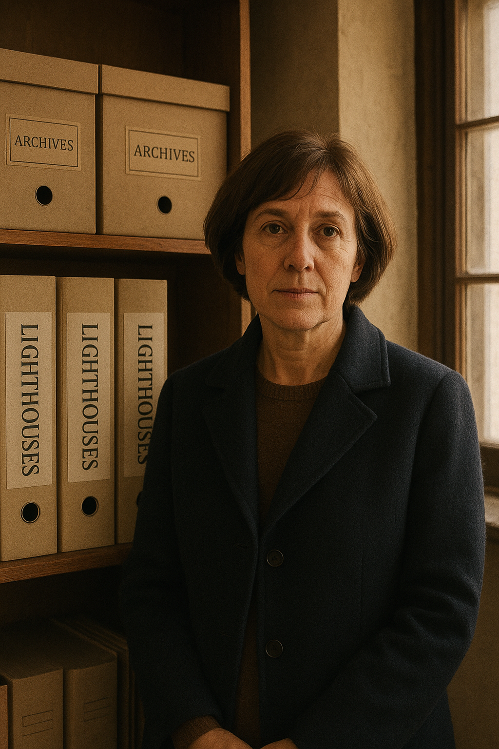 Portrait of Elin Mora, archive editor, in a wool coat beside labeled lighthouse document boxes