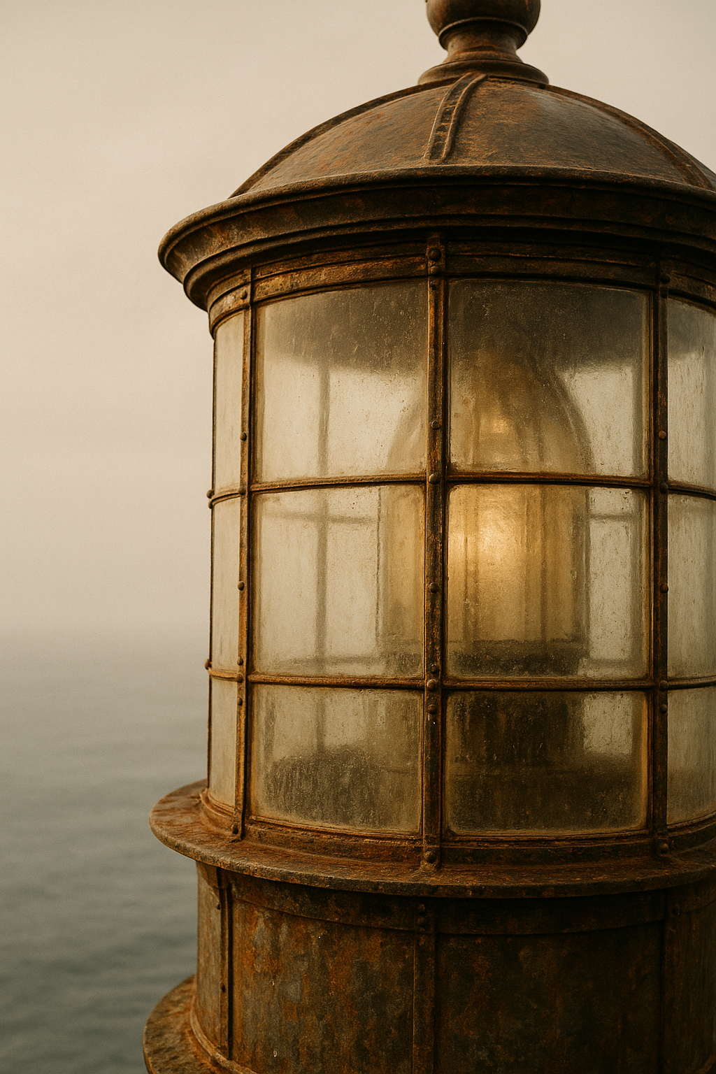 Warm archival-style close view of a weathered lighthouse lantern room with patinated metal framing and coastal light
