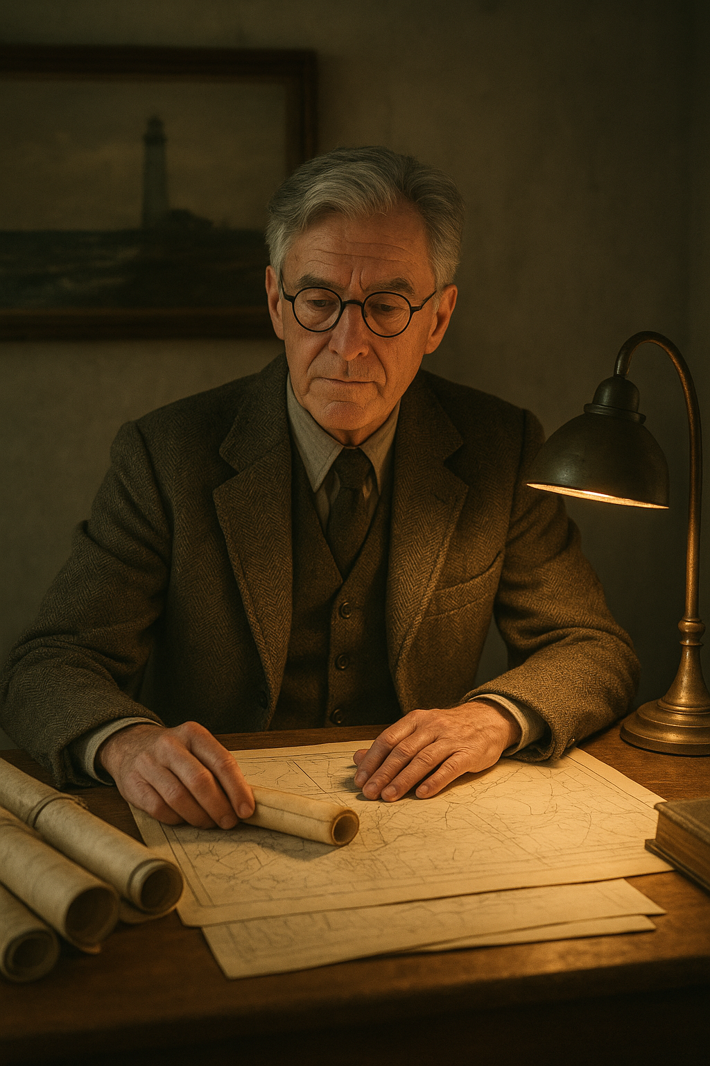 Portrait of Tomas Reed, coastal historian, reviewing harbor logs at a wooden study table