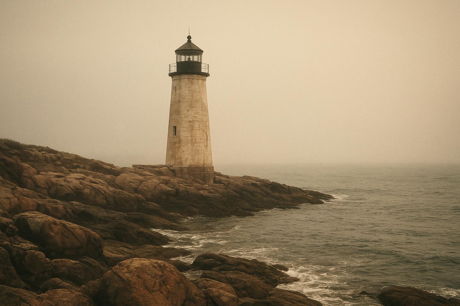 Warm film-style photograph of a northern coast lighthouse on a weathered shoreline under soft atmospheric light