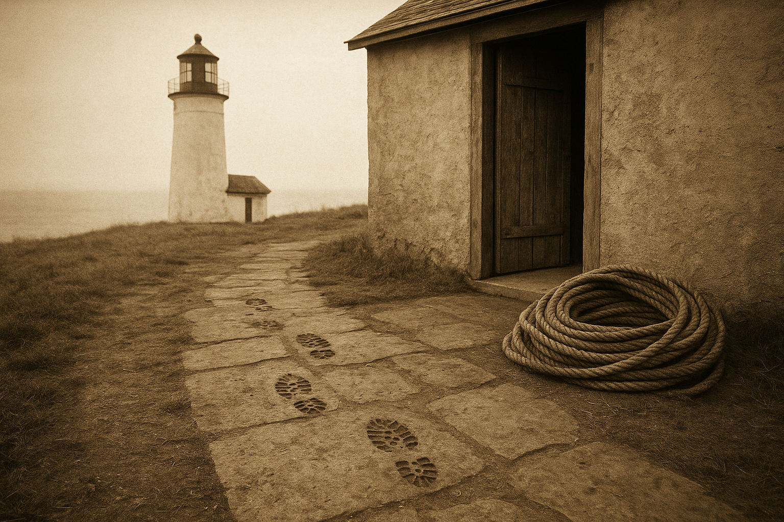 Stone service path beside a lighthouse outbuilding, with boot prints and rope coil near the doorway