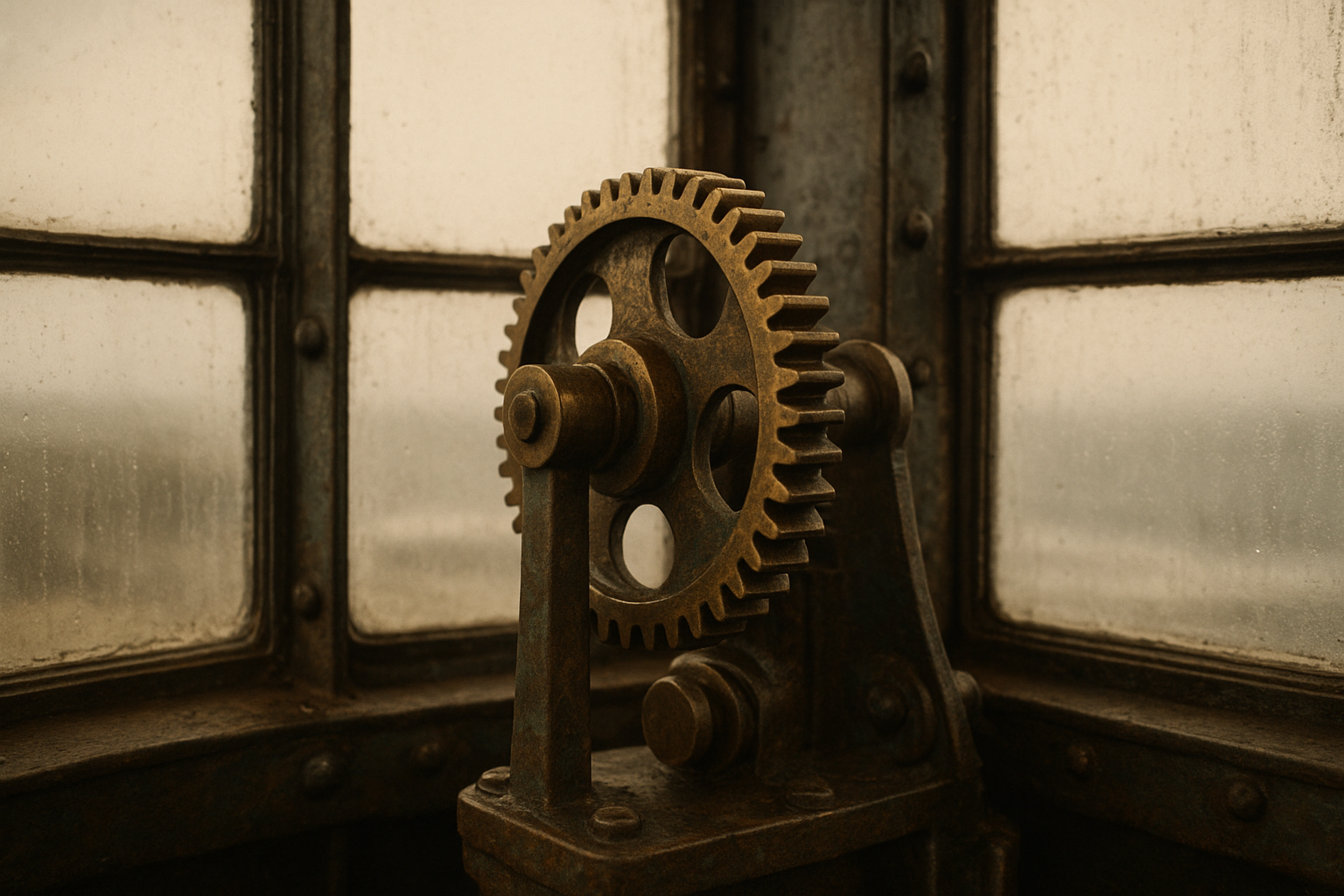 Close view of brass lantern-room mechanism, rivets and glass panes with salt patina