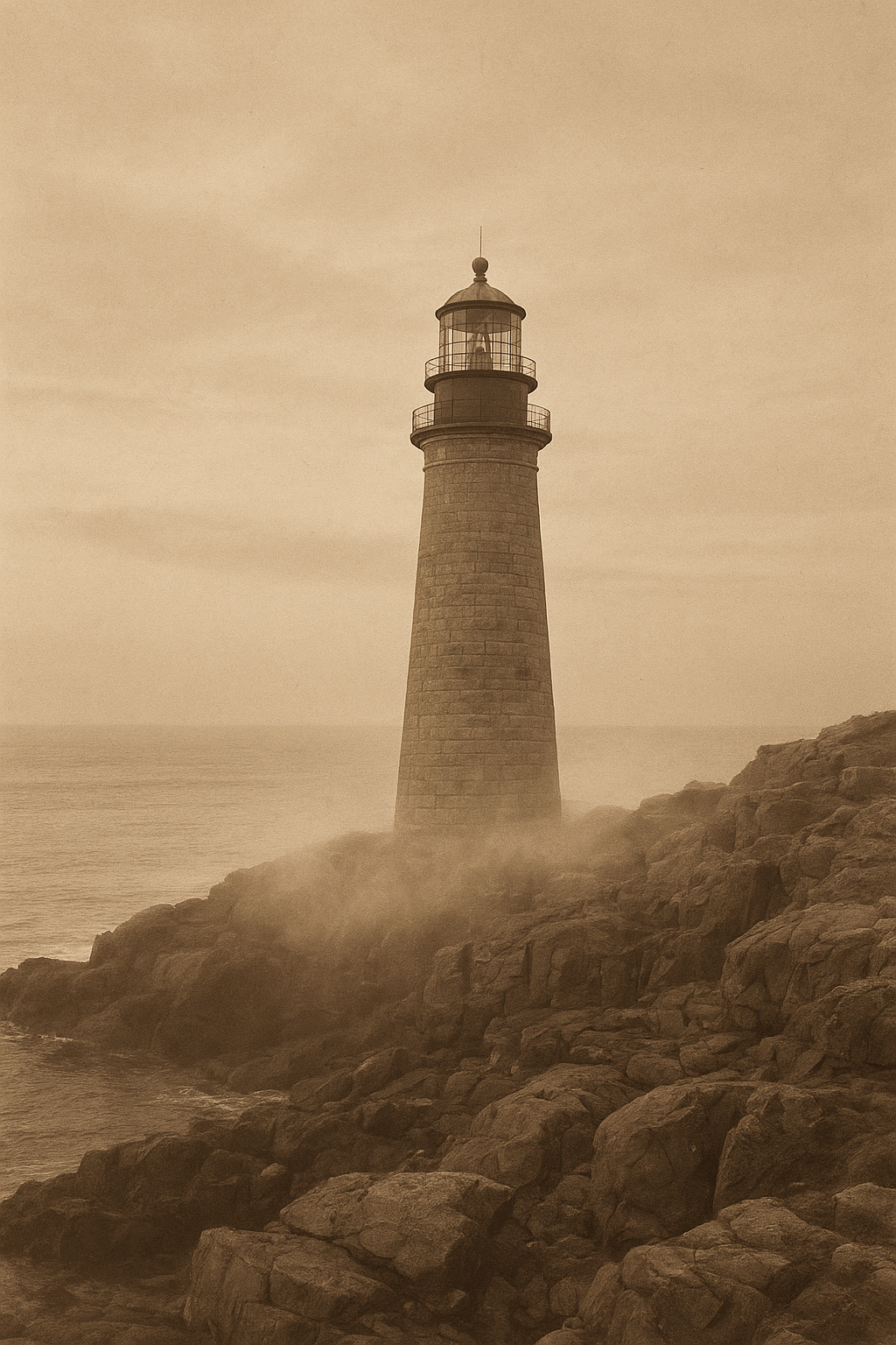 Tall granite lighthouse on a northern cliff at first light, with low sea fog and gentle sepia film grain