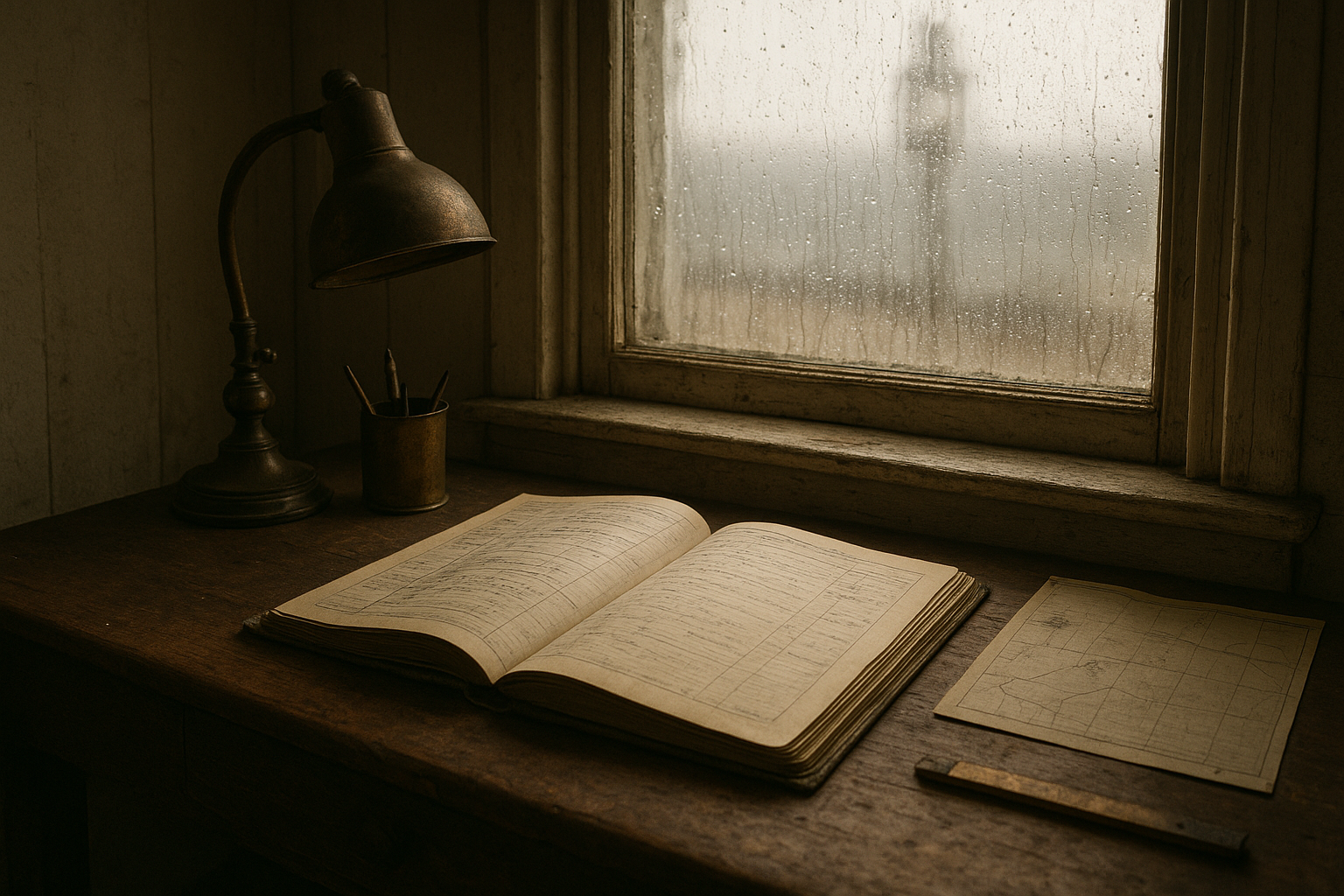 Documentary-style view of a lighthouse keeper's compact workspace with logbooks, brass lamp tools, and a rain-streaked window