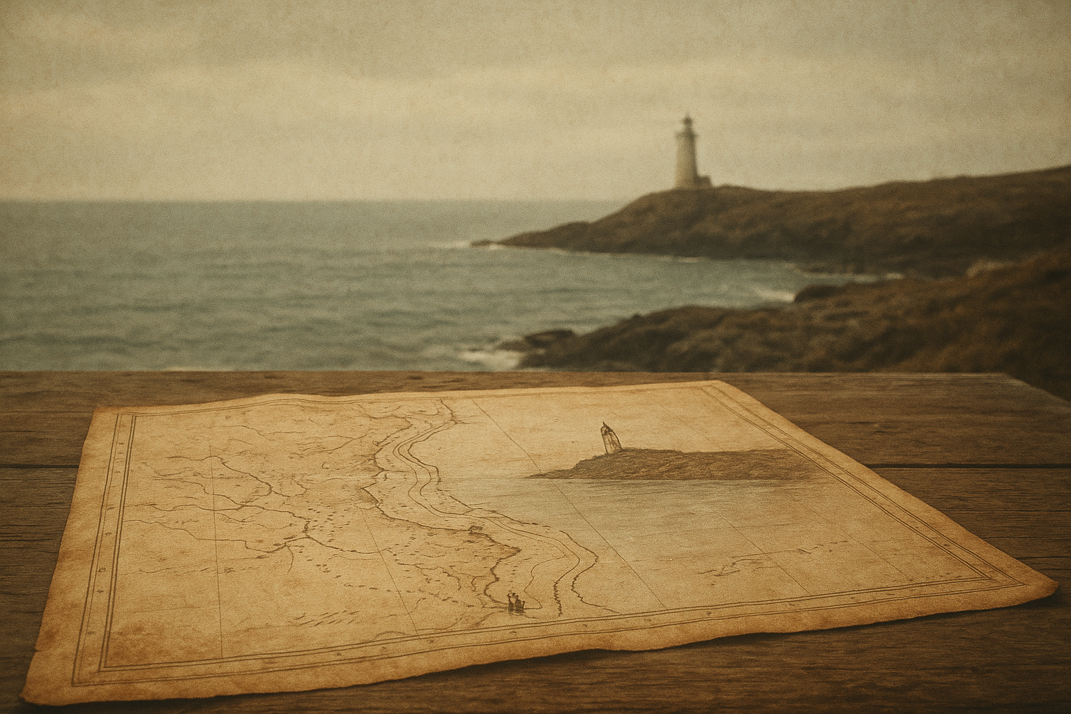 A weathered coastal chart table with shoreline markings, lighthouse symbols, and a distant tower on a rocky headland