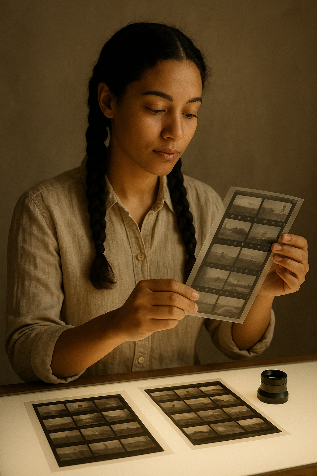 Portrait of Mara Quinn, photographic researcher, holding a restored negative sleeve near a light table