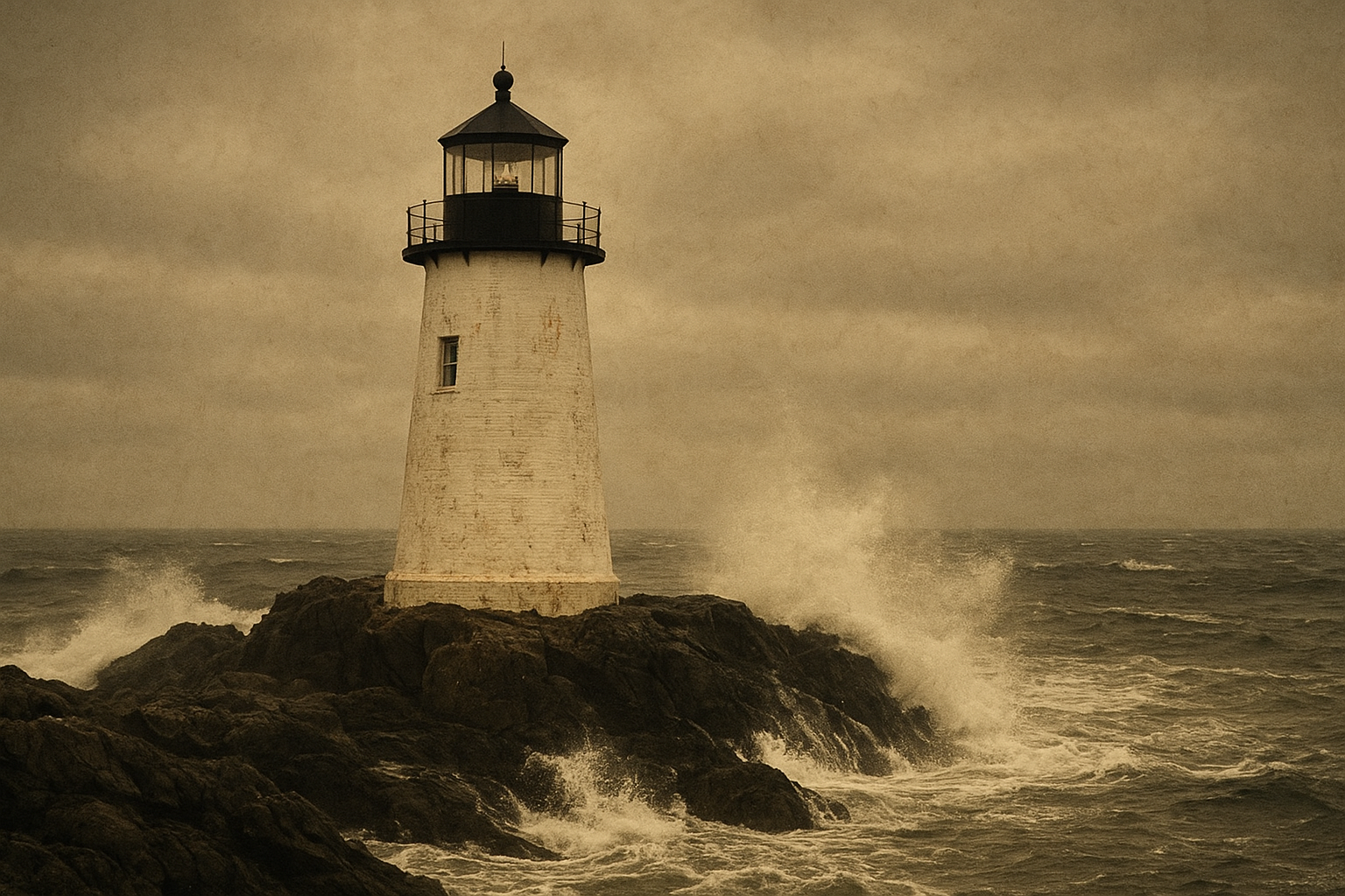 White-painted coastal lighthouse during rough weather, dark waves striking black rocks below