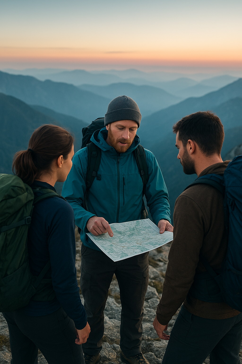 Mountain guide reviewing route map with two hikers on a rocky alpine overlook at sunrise