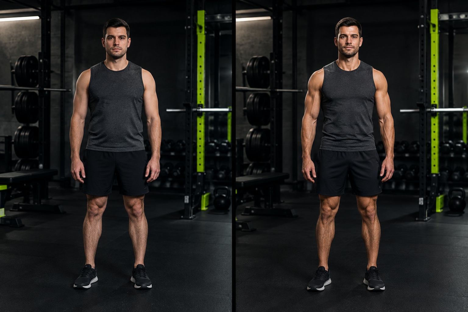 Illustrative before and after comparison of a broad-shouldered adult man in a charcoal training set, shown at the start and after a consistent twelve-week fitness routine in a minimal gym setting.