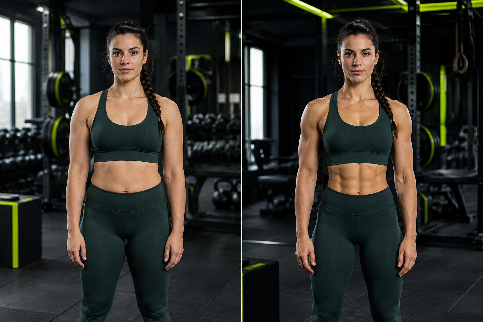 Illustrative before and after comparison of an athletic woman with a dark braided ponytail wearing a deep green workout set, shown at the start and after twelve weeks of consistent strength training in a bright studio gym.