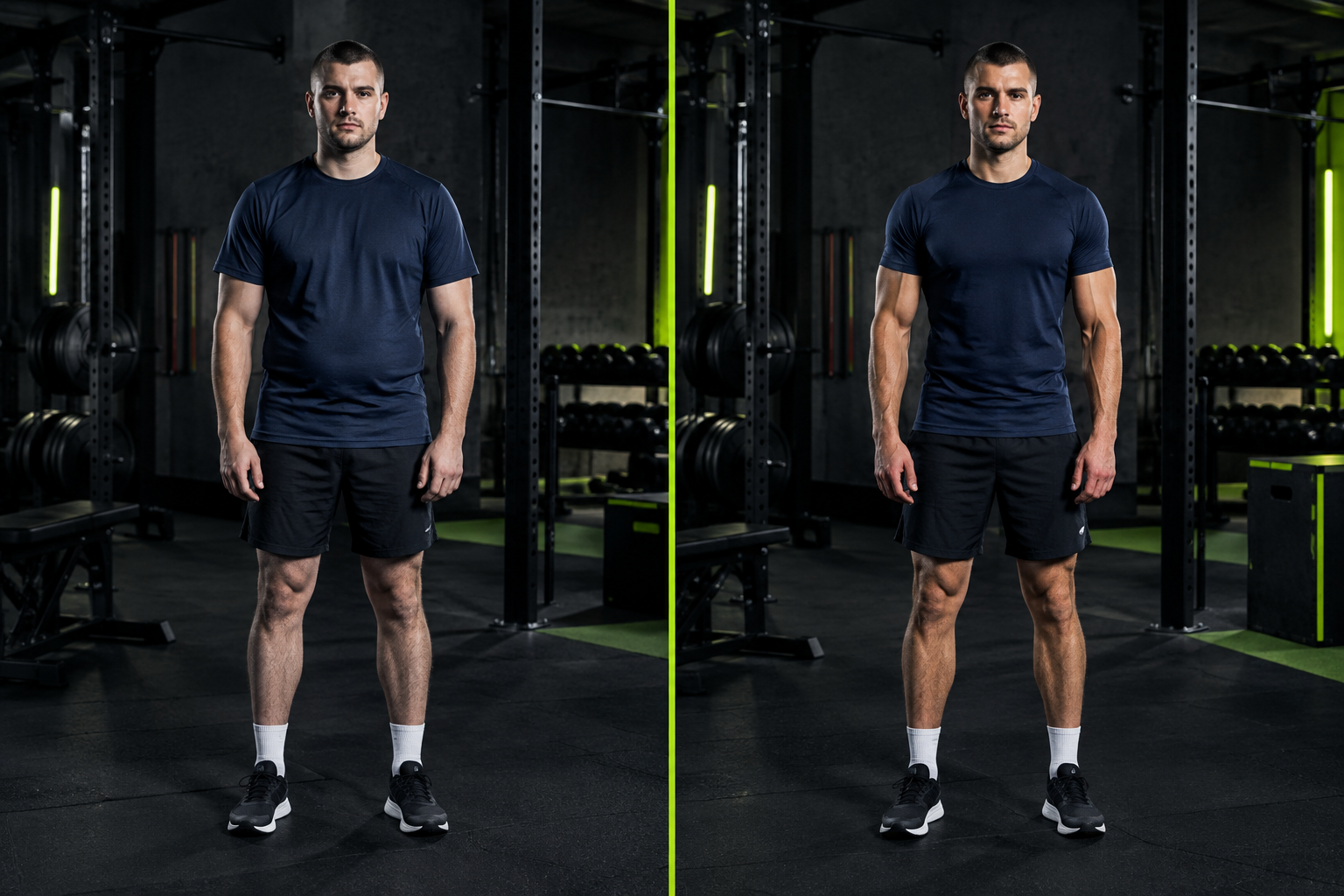 Illustrative before and after comparison of a tall adult man with close-cropped hair wearing a navy athletic shirt and black shorts, shown at the start and after a twelve-week coached conditioning plan in an industrial training gym.
