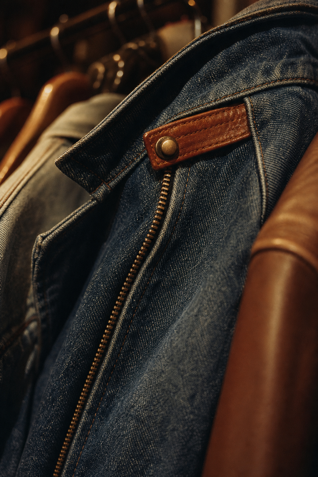 Close-up editorial view of vintage denim texture, brass zipper detail, and a leather-trim hanger on a styled rack