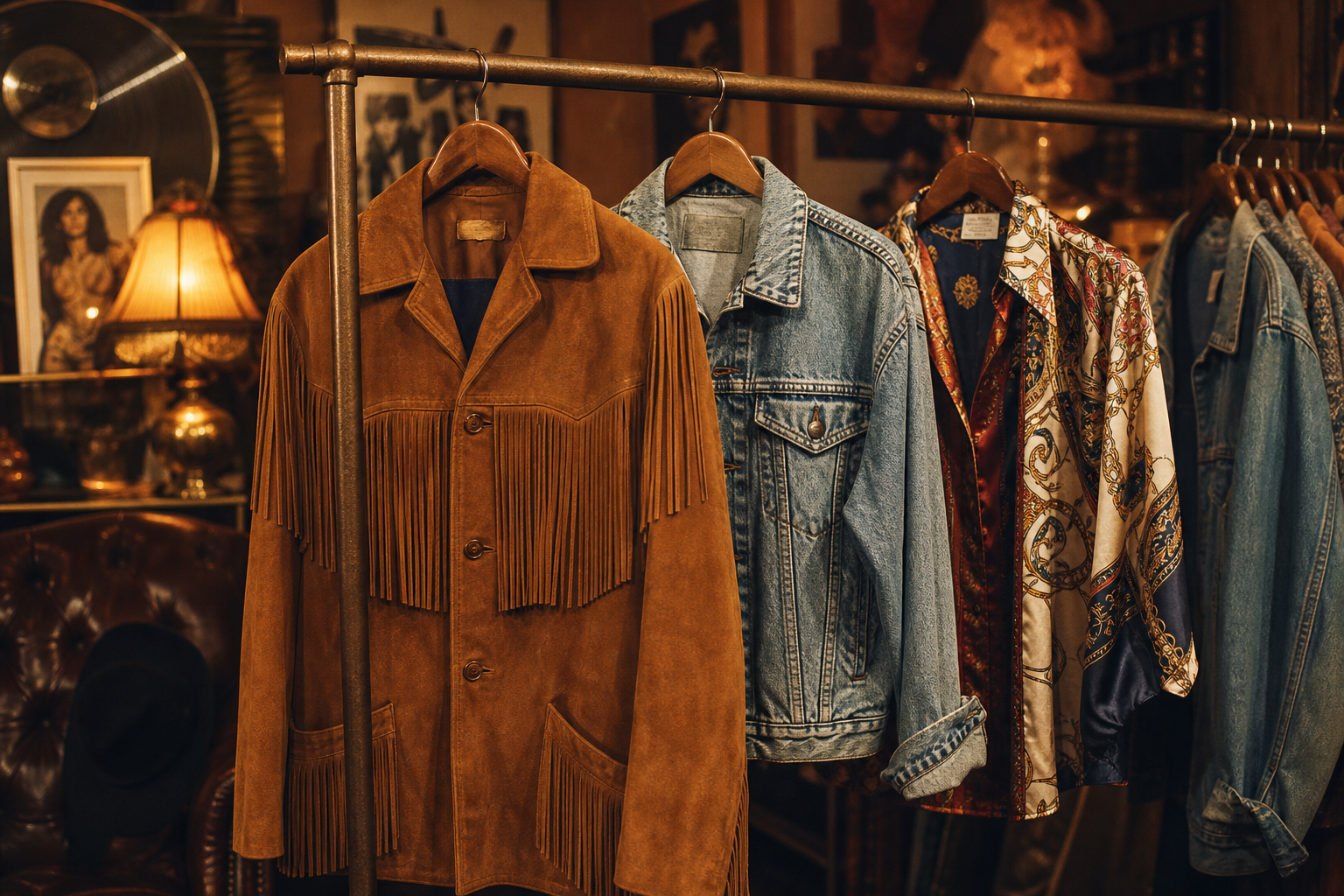 Cinematic vintage boutique rack scene featuring a standout 70s suede fringe jacket and washed 80s denim under warm studio light