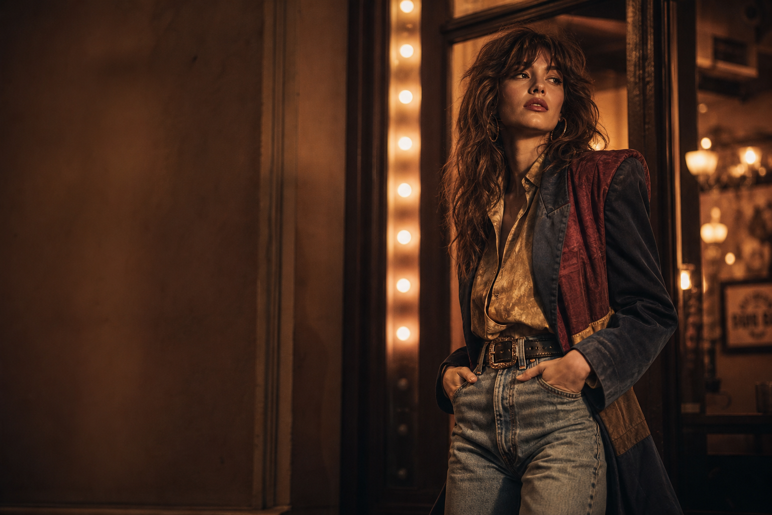 Warm-toned cinematic editorial fashion portrait inspired by 70s and 80s vintage styling
