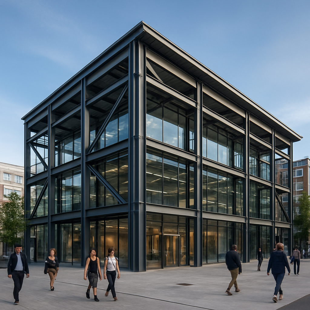 Obra comercial com estrutura metálica e acabamento sofisticado