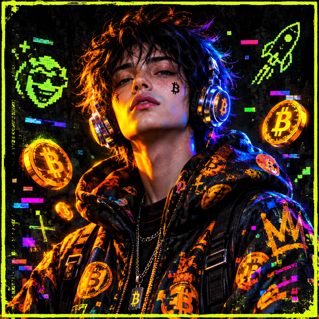 Chaotic HUMAN BITCOIN character portrait in a punk meme style with wired headset and glitch symbols