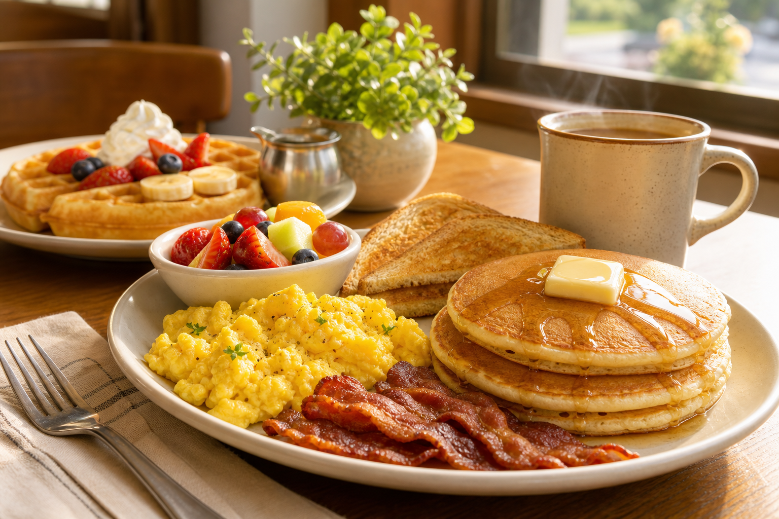 Appetizing plated breakfast spread with pancakes, eggs, toast, fruit, and coffee on a warm morning table