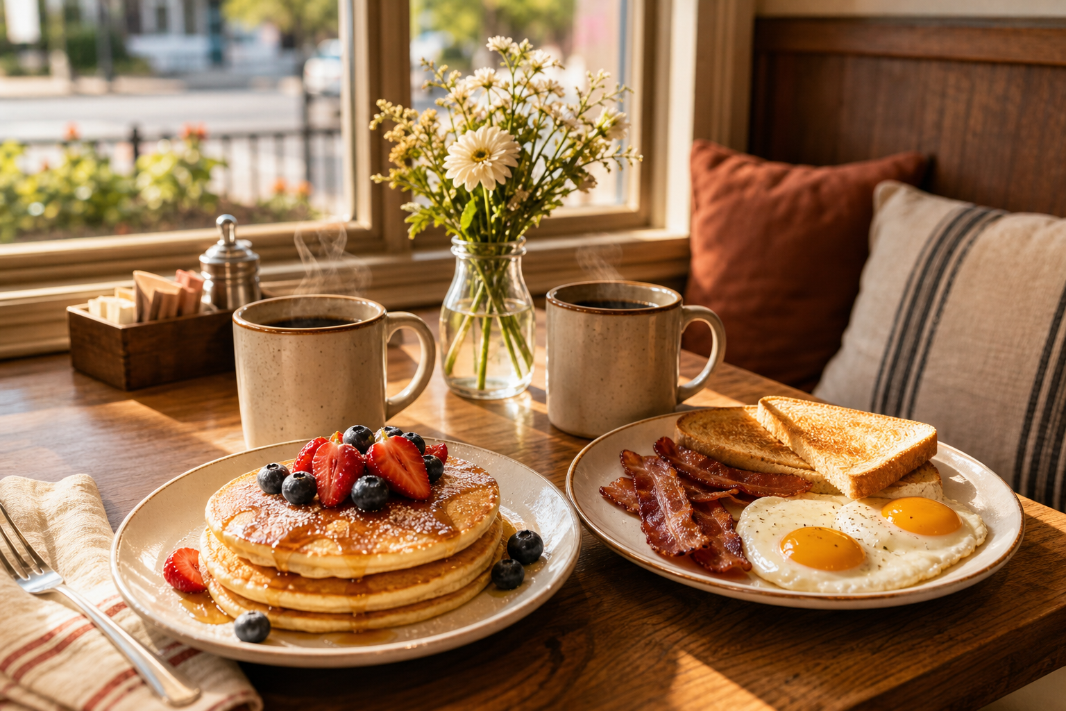 Cozy breakfast table in a neighborhood cafe with pancakes, eggs, coffee mugs, and warm morning sunlight