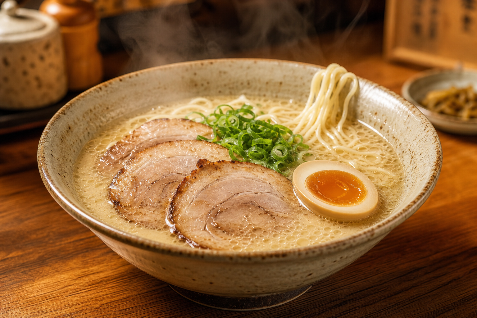 Steaming tonkotsu ramen in a deep ceramic bowl with glossy broth, sliced chashu pork, soft marinated egg, scallions, and springy noodles