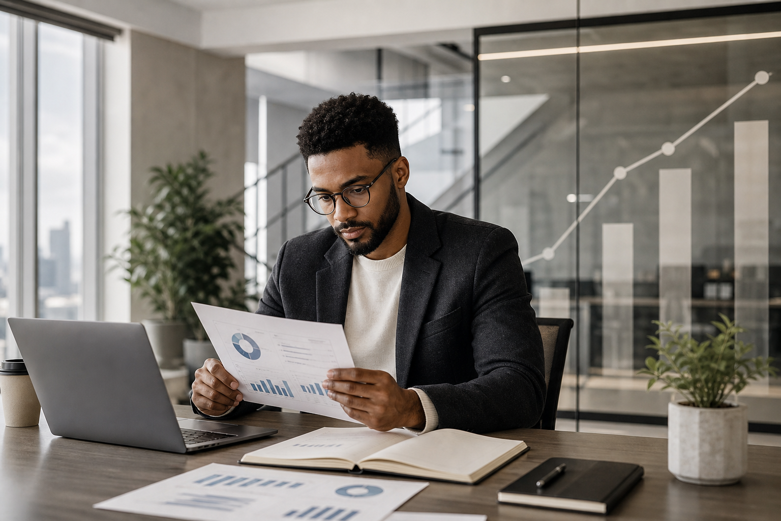 Editorial business scene with clean architectural lines, a strategist reviewing charts, and abstract growth indicators in a modern workspace