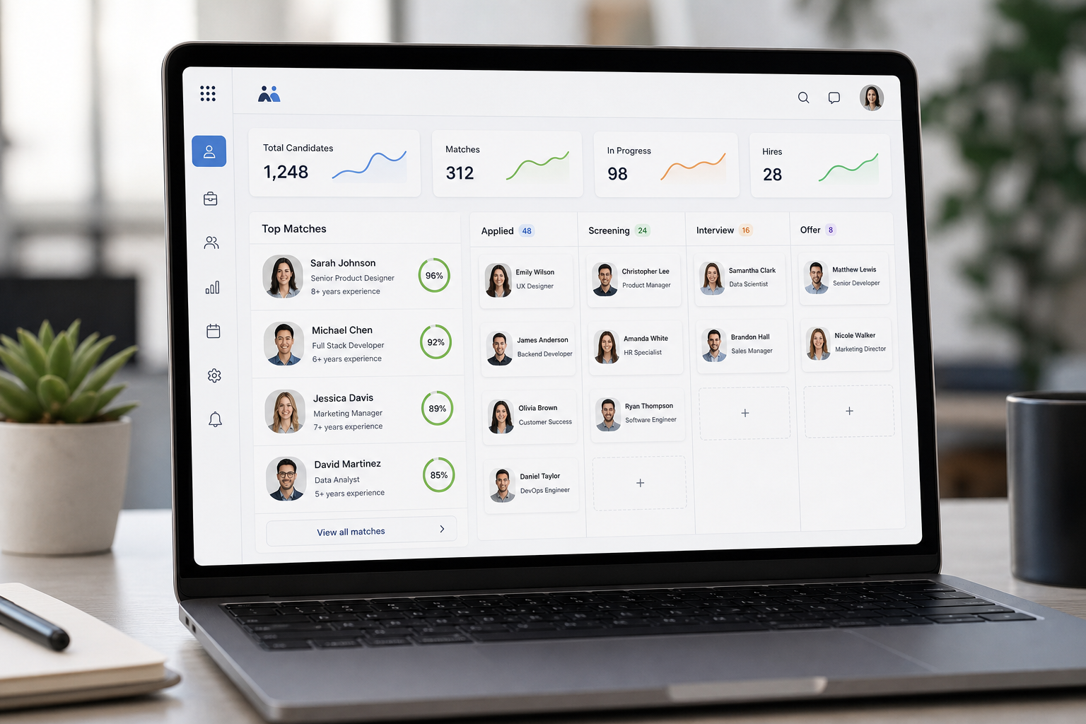 Recruiting dashboard showing candidate profiles, match scores, and hiring pipeline status