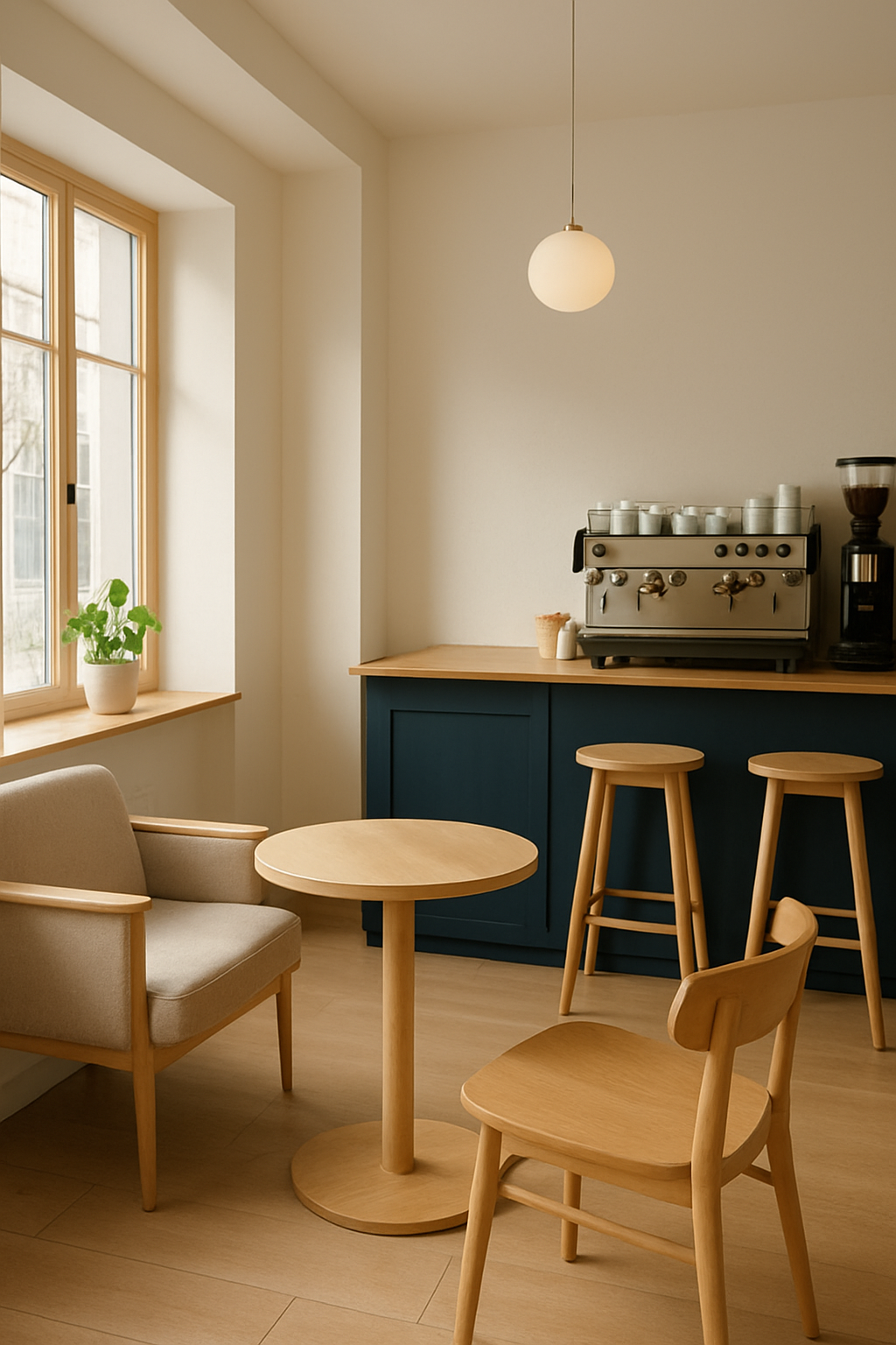 Cozy interior of North Dock Coffee cafe with warm natural light and wooden furniture