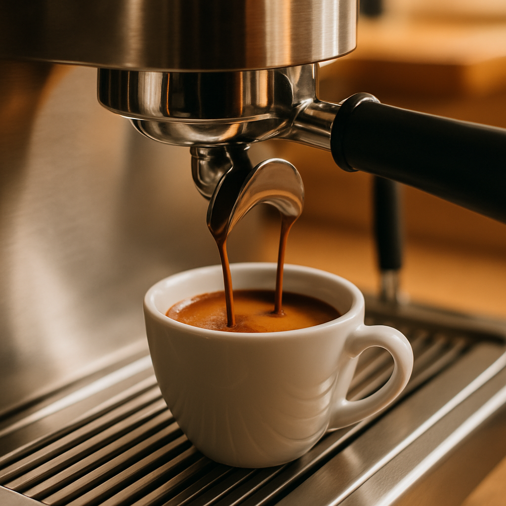 Rich espresso being poured into a ceramic cup