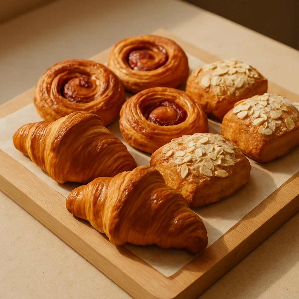Freshly baked Scandinavian pastries on wooden board