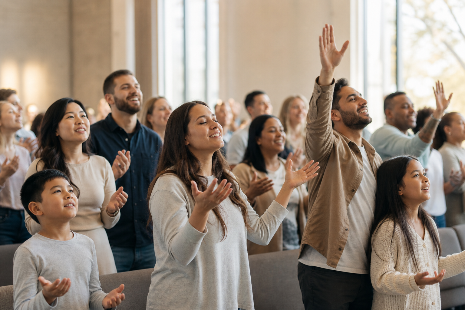 Families and young adults worshipping together in a bright church gathering space