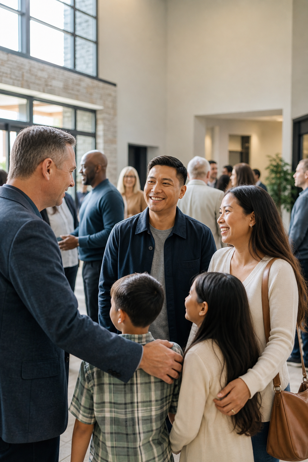 Church members talking and smiling together in the lobby after worship service