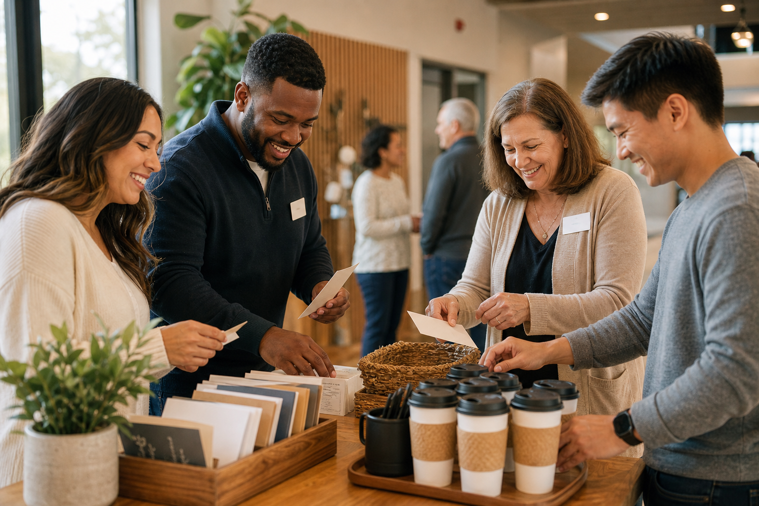 Church volunteers smiling while setting up welcome materials and coffee before worship service