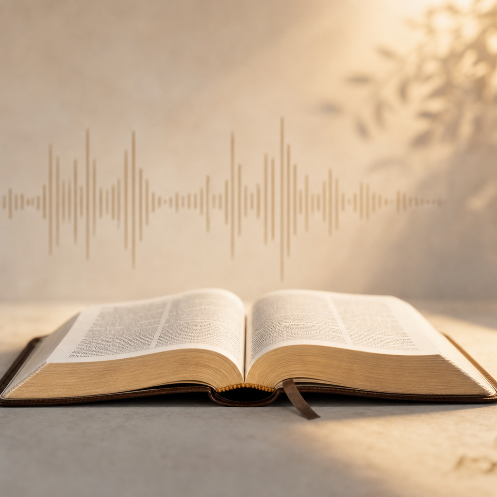 Soft abstract media visual with an open Bible silhouette, warm light glow, and blurred audio wave accents