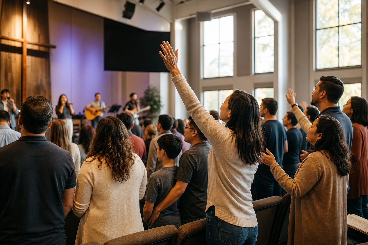 Warm worship community gathering with diverse congregants singing together in a bright modern church sanctuary
