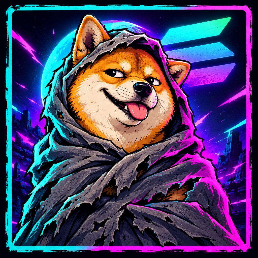 Cartoon resurrected shiba inu wrapped in a blanket with neon Solana-style glow