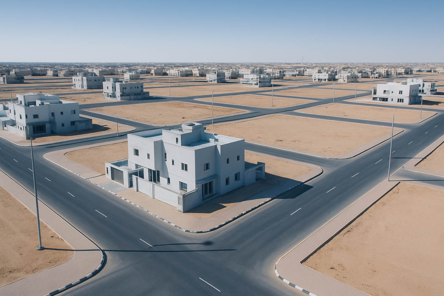 مشهد حديث لتطوير أراضٍ سكنية في عنيزة مع طرق منظمة ومبانٍ جديدة