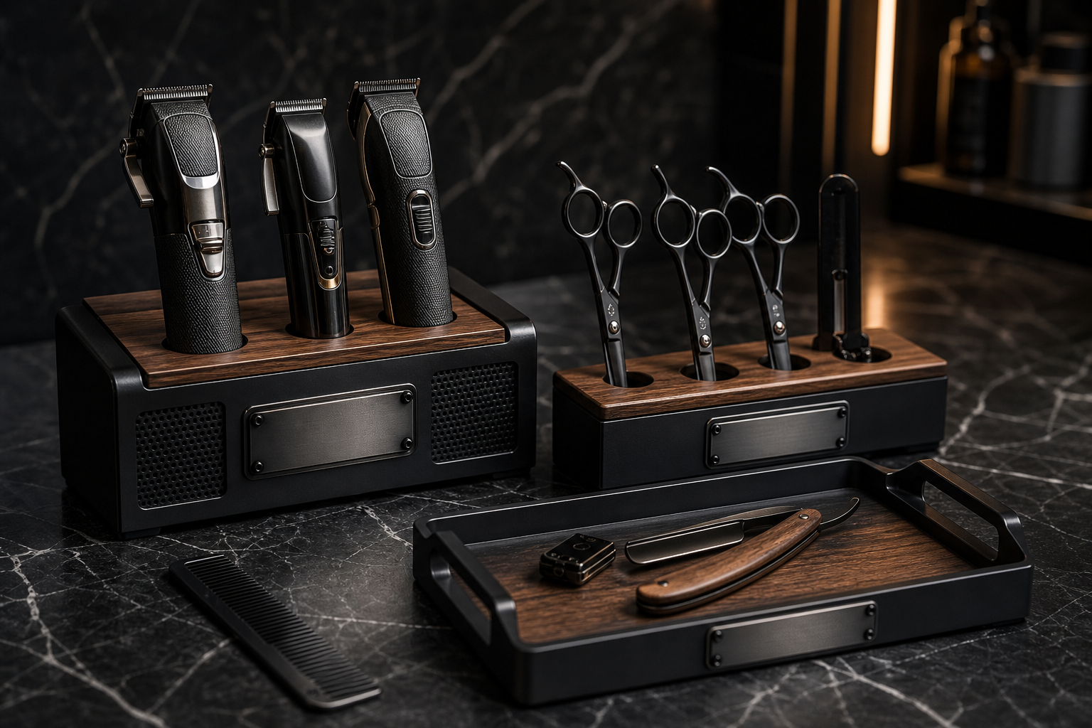 Premium barber tools and display stands with black anodized steel, walnut accents, and engraved nameplates arranged on a marble countertop