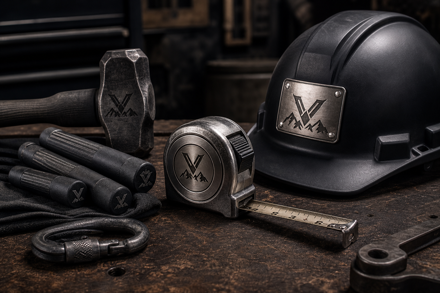 Branded contractor gear featuring rugged charcoal tool handles, a steel tape measure, and a hard-hat badge with bold engraved emblem on a workshop bench