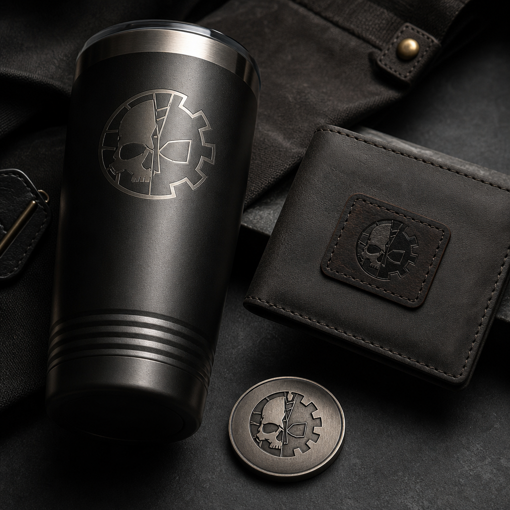 Premium merch kit featuring a matte steel tumbler, leather patch wallet, and metal token on a dark surface